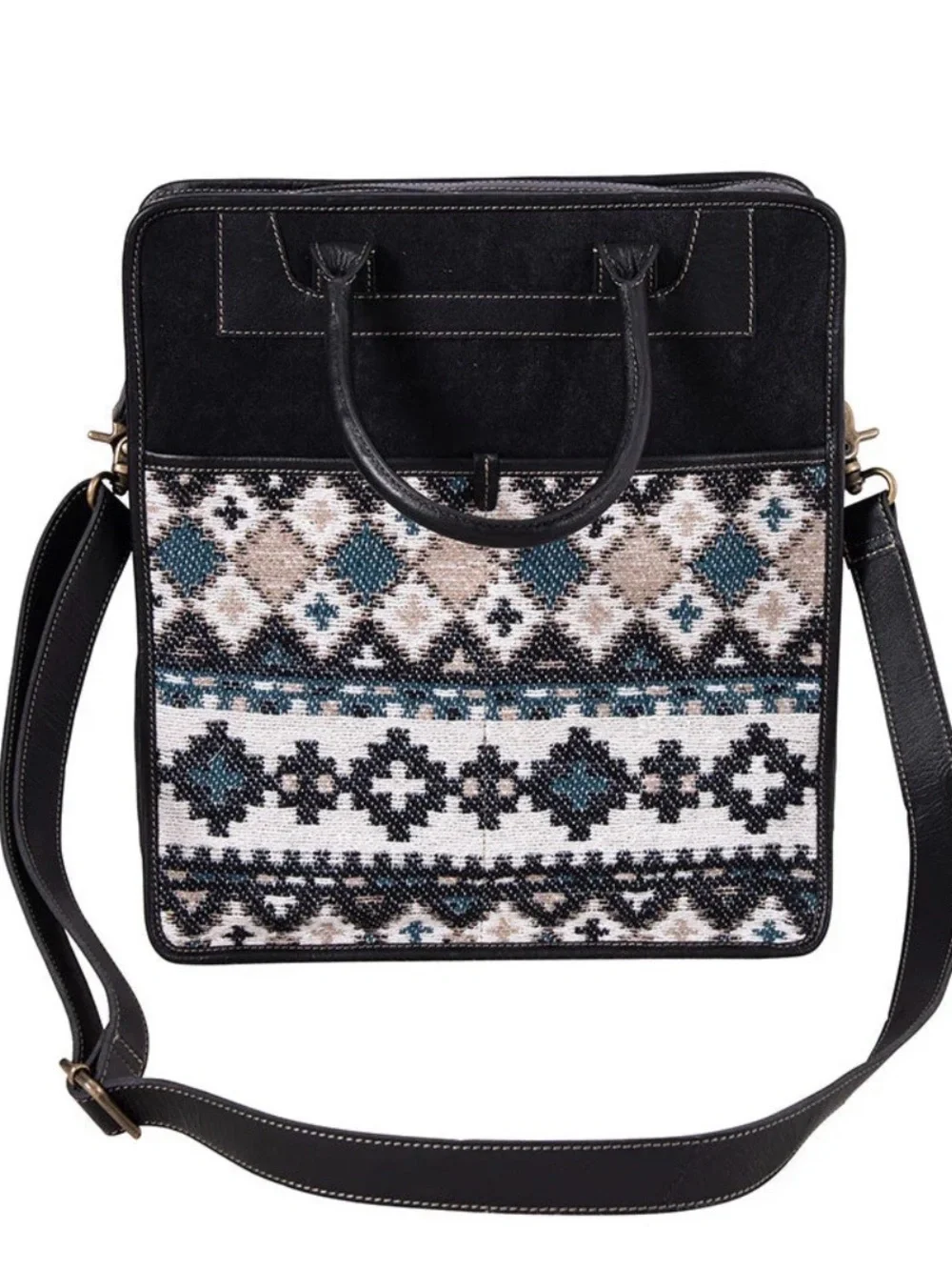 Myra Bag Black Laptop Tote with Blue and Cream Aztec Panel
